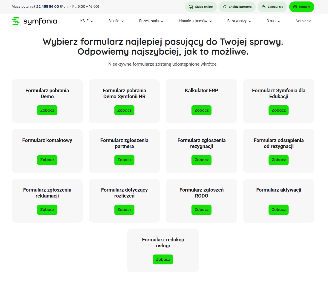 Formularze kontaktowe na stronie Symfonii