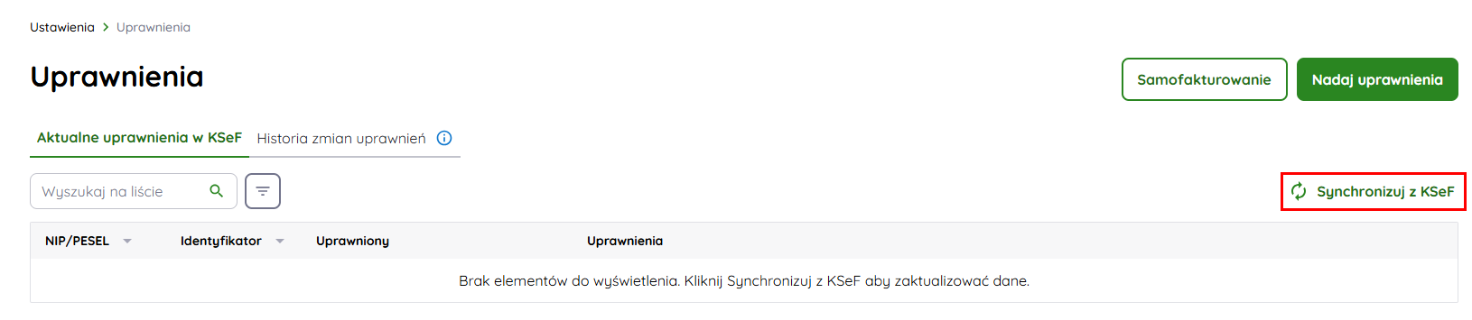 Okno aktualne uprawnienia w KSeF